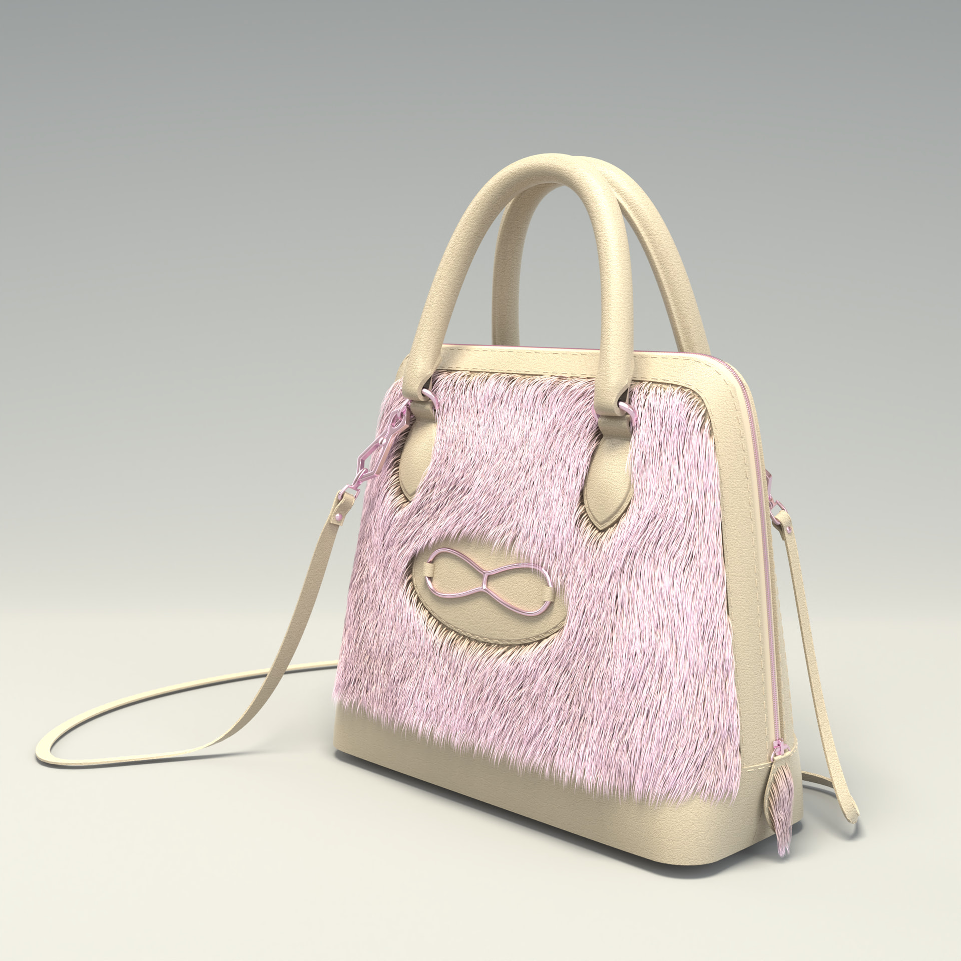 Beige Handtasche mit rosa Fellbesatz, in Rhino mit Woolly Rhino gestaltet