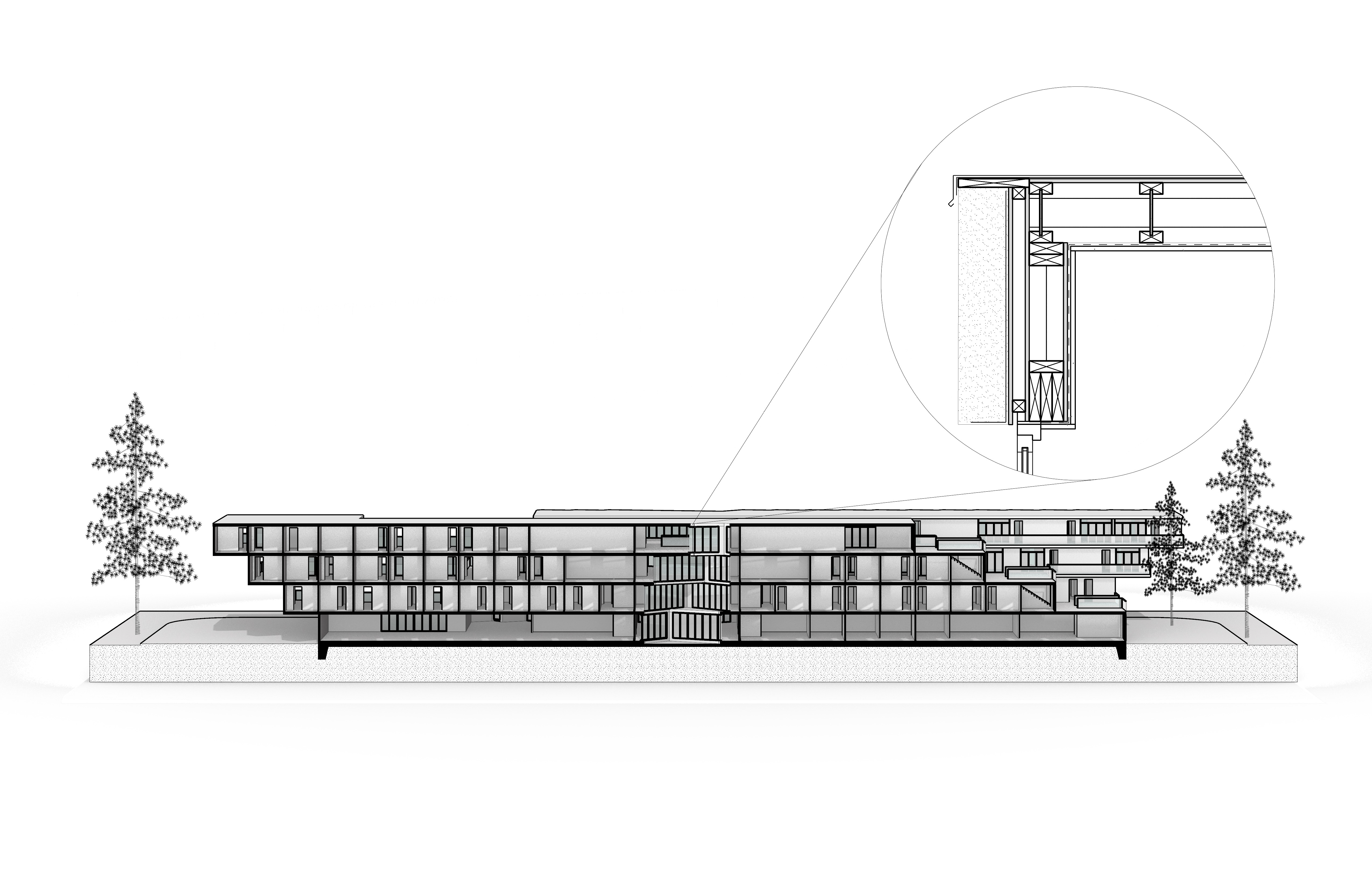 Architekturzeichnung mit Gebäudeschnitt, Gelände und vergrößertem Wanddetail