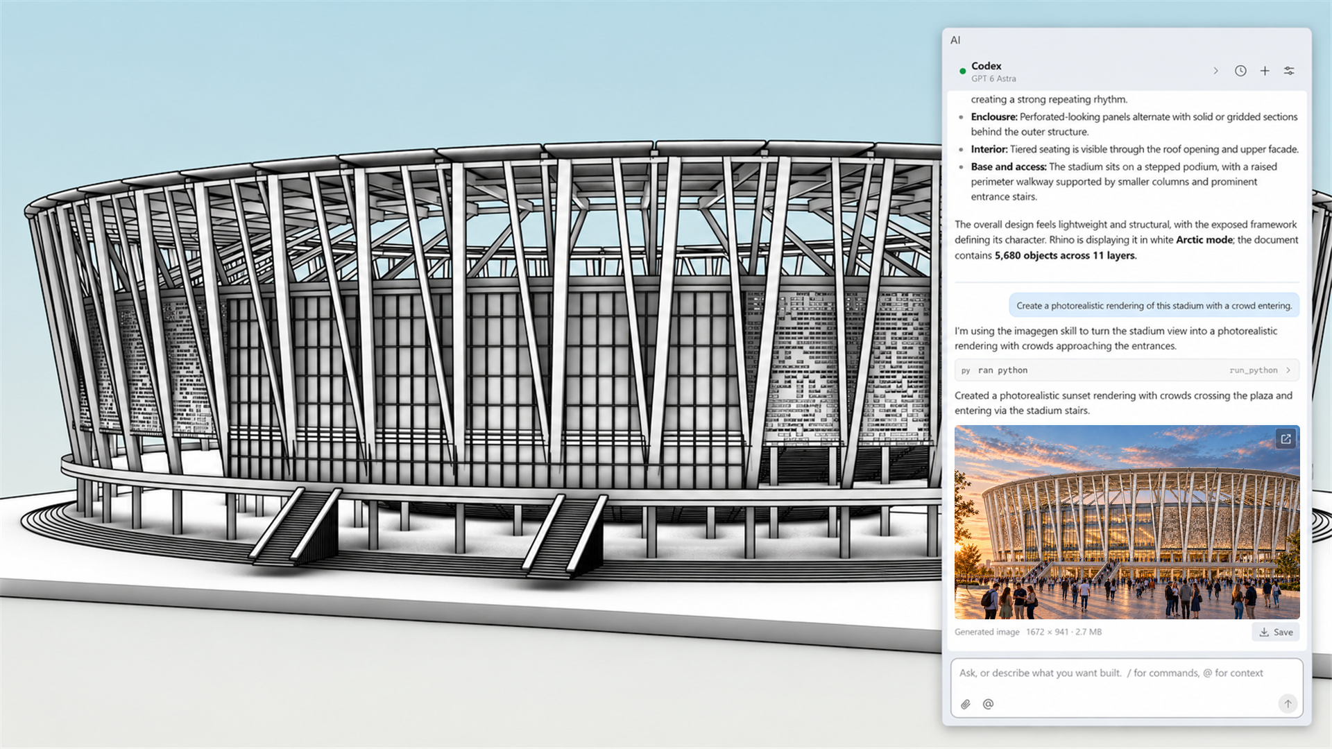 Stadionmodell in Rhino neben einem integrierten KI-Chatpanel mit einer daraus erzeugten Visualisierung