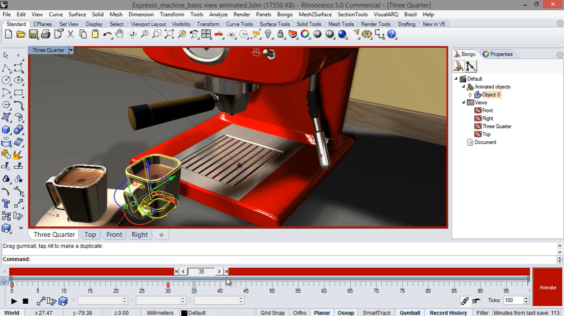 Animierte Espressomaschine mit Bongo in Rhino